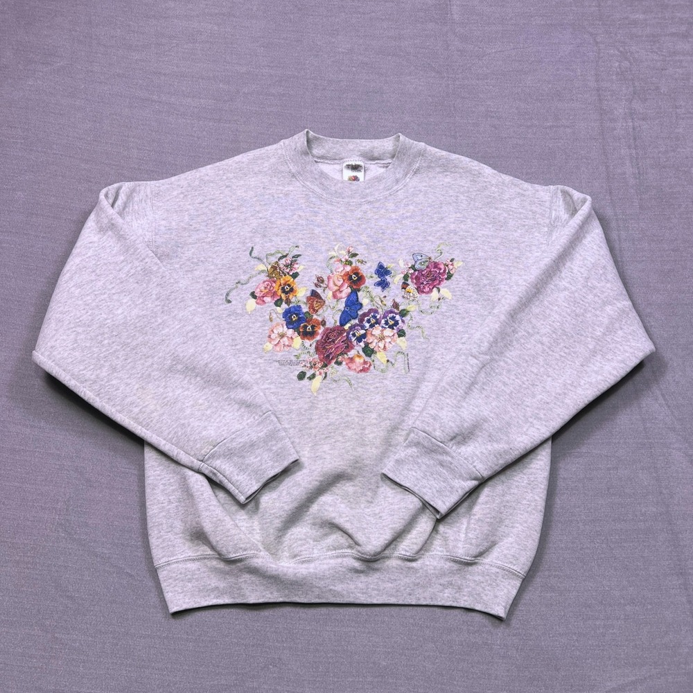 Fruit of the Loom LG Sweatshirt Gray Floral Butterfly Print Crewneck Long Sleeve